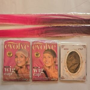 NWT 4 Wig Caps Black Neutral Net Bonus Comb Clip Extentions Pink Dark Roots